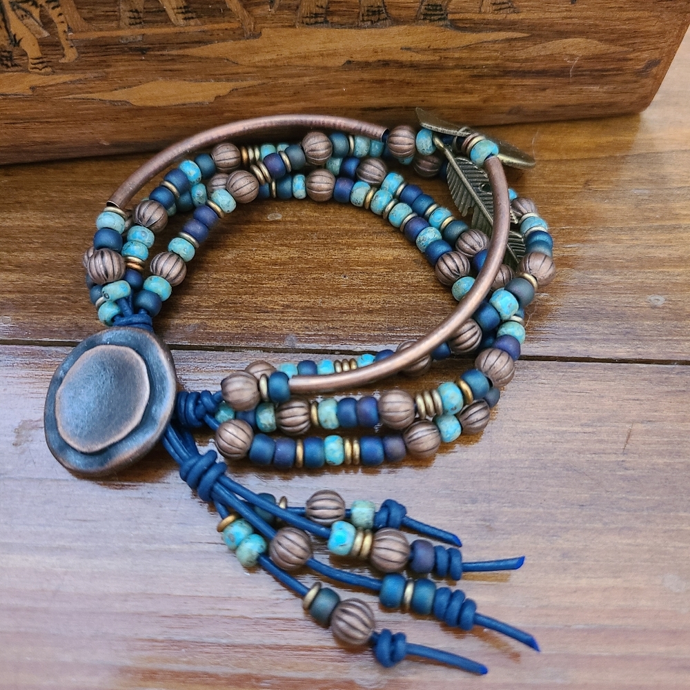Boho Blues 4 Strand Leather Picasso Miyuki Czec Gl